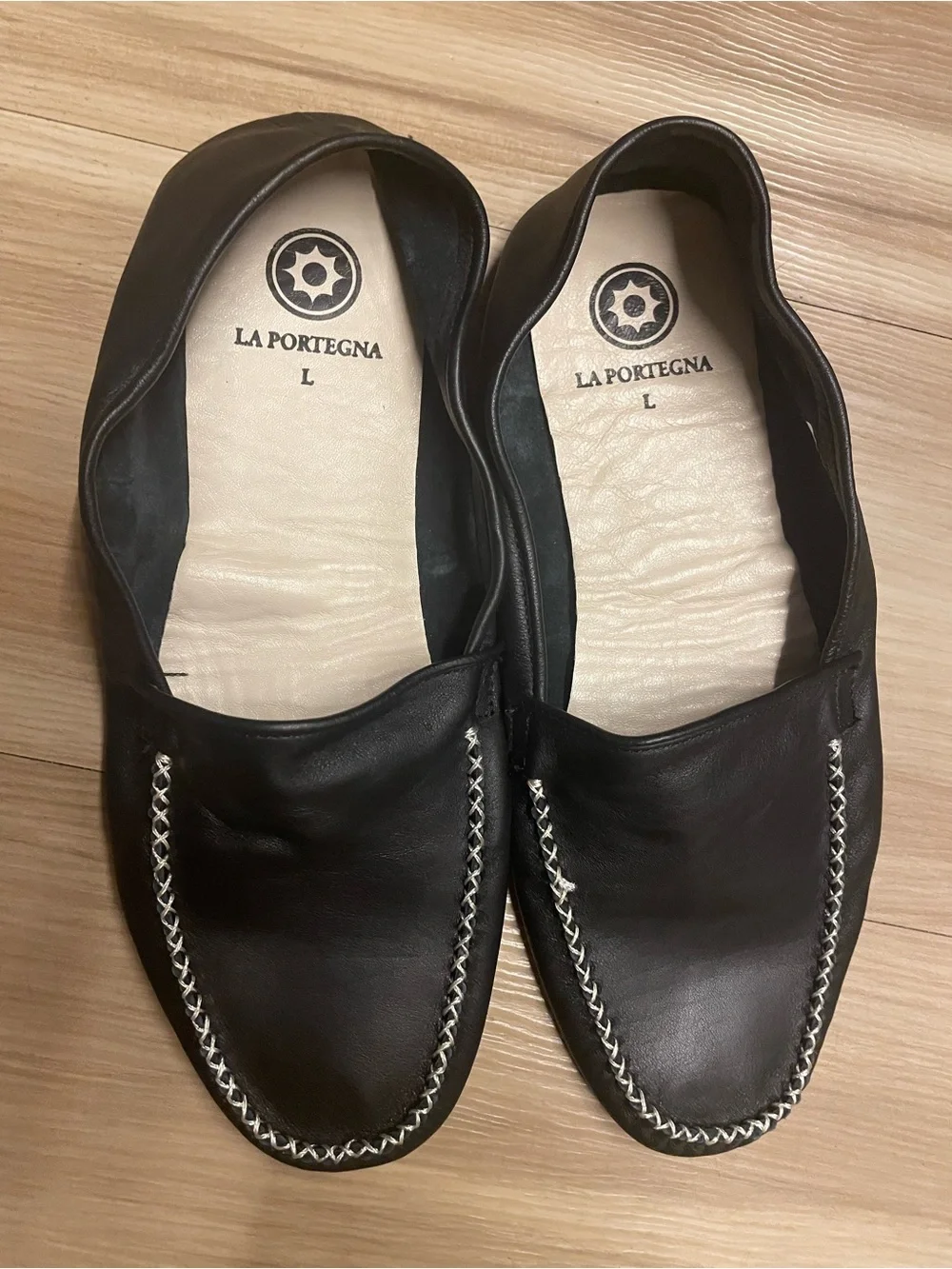 La Portegna - mens Black Leather European style slippers with Contrast Stitch